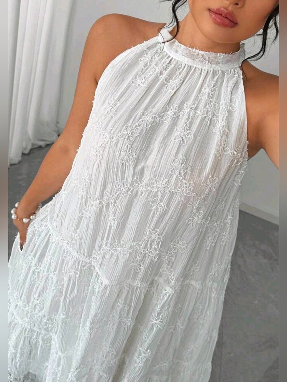 New Boho Lace Tie Neck Halter Tiered Loose Maxi Dress PLUS Sleeveless White - Picture 3 of 9